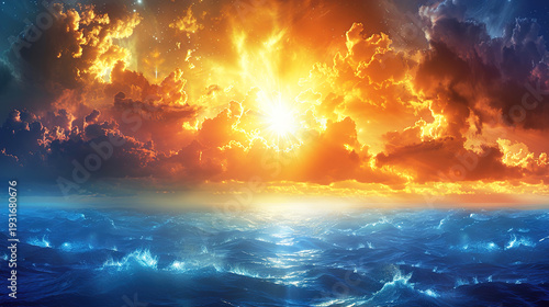 vibrant sunrise or sunset over the ocean Sunset stormy, dramatic view