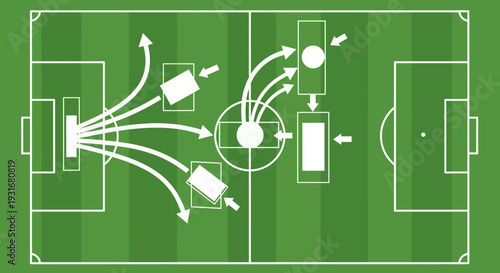 Soccer game strategy: Aerial view of a soccer field with strategic diagrams and direction arrows illustrate tactical formations, and attacking plays for soccer.