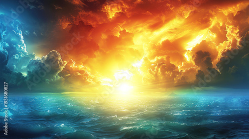 vibrant sunrise or sunset over the ocean Sunset stormy, dramatic view