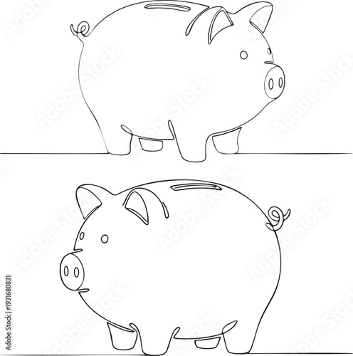 Piggy bank set in continuous one line drawing. Saving money and finance concept in simple linear style. Investment icon in editable stroke. Doodle oneline vector art.