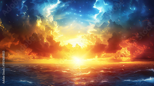 vibrant sunrise or sunset over the ocean Sunset stormy, dramatic view