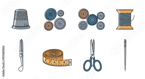 Essential Sewing Supplies: A collection of vital sewing tools, artfully arranged, showcasing the elements of creation and craftsmanship.