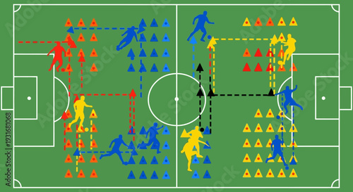 Tactical Soccer Play: Top-down view showcasing intricate soccer play strategies, with players and markers illustrating formations and movements on a vibrant green field.