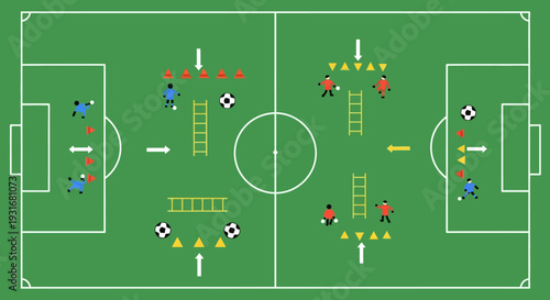 Soccer Field Training Drills: A bird's-eye view captures an elaborate soccer training drill layout, showcasing various exercises designed to enhance skills, coordination, and strategy