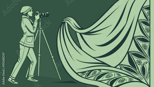 Photographer capturing intricate patterns on a flowing fabric.