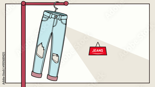 Ripped jeans hanging on a clothesline with a Jeans sign minimalist illustration.