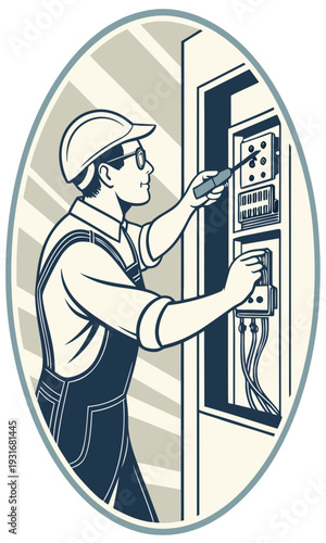 Electrician working on electrical panel in retro woodcut style.