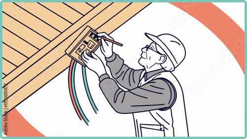 Electrician working on electrical wiring in a residential attic.