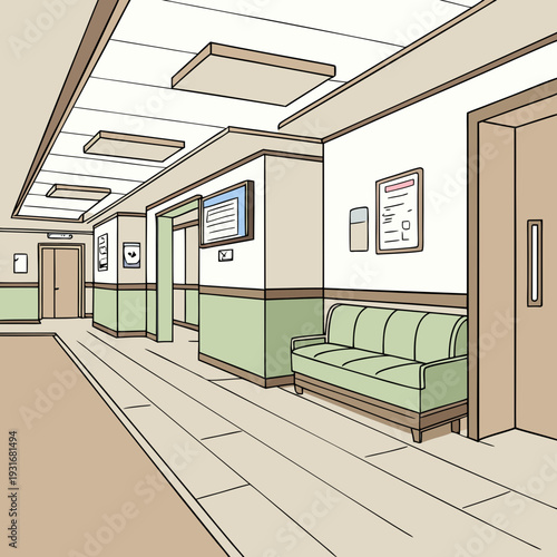 Empty hospital corridor with a green sofa and various doors.