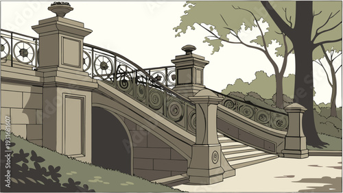 Grand Stone Staircase with Ornate Railings in a Serene Park Setting.