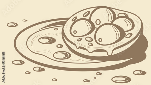 Hand drawn sketch of a delicious dessert with multiple round elements on a plate.
