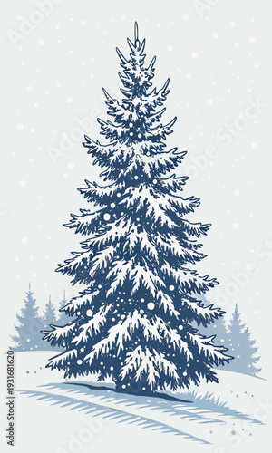 Snowcovered evergreen tree in a winter landscape.