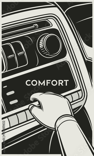 Hand adjusting car radio to Comfort setting monochrome illustration.