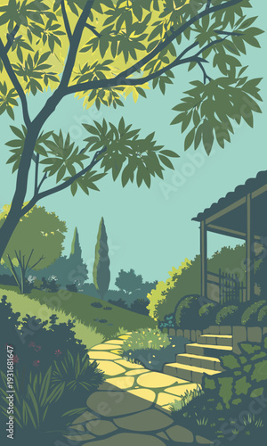 Stone path leading to a house in a lush garden with trees and shrubs under a clear sky.