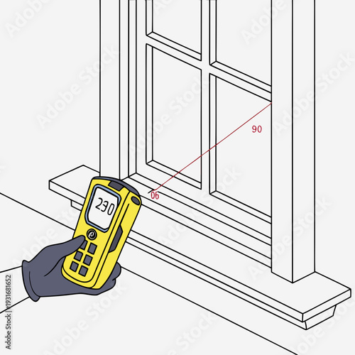Hand holding a laser distance meter measuring a window frame.
