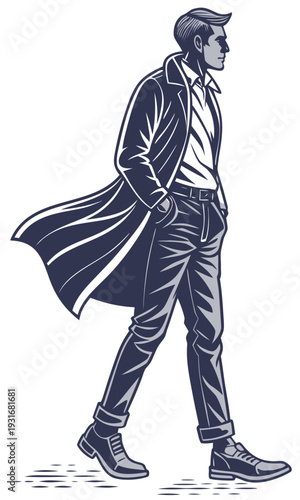 Stylish Man Walking in Trench Coat.