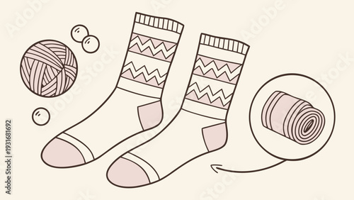 Handdrawn illustration of cozy knitted socks with yarn and thread.