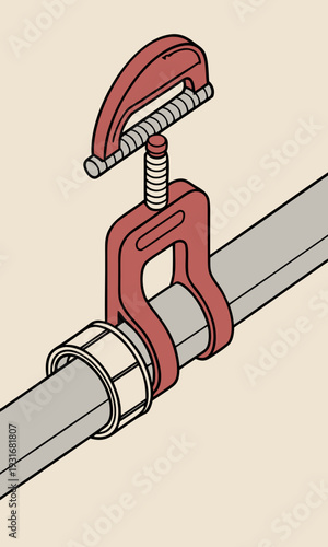 Illustration of a Cclamp securing a pipe showcasing a common plumbing or carpentry tool in use.