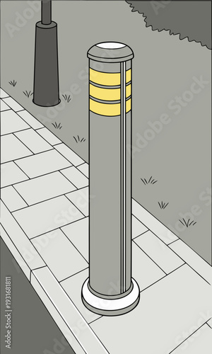 Illuminated bollard on a paved sidewalk with a street light in the background.
