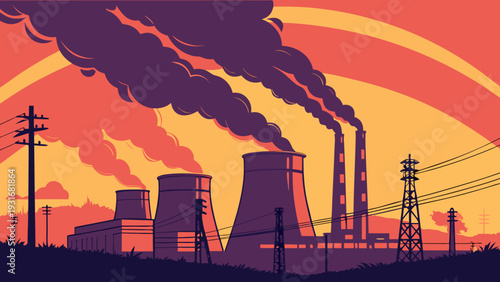 Industrial power plant with smoking chimneys and power lines at sunset.
