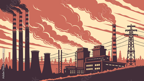 Industrial landscape with smoking factory chimneys and power lines at sunset 2.