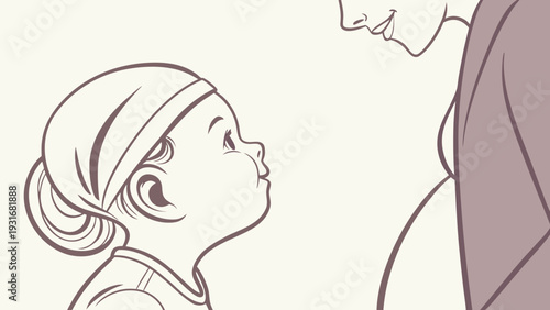 Little girl looking up at her pregnant mothers belly with curiosity and anticipation.