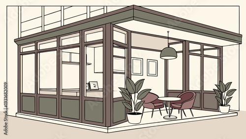 Modern cafe exterior with outdoor seating area.