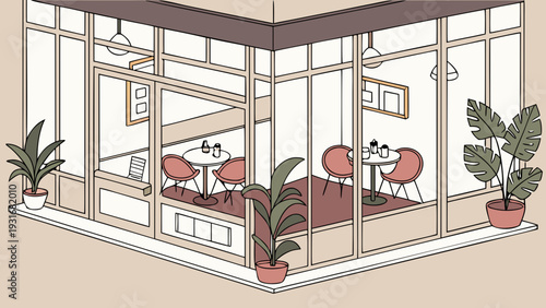 Modern Cafe Interior with Large Windows and Potted Plants.