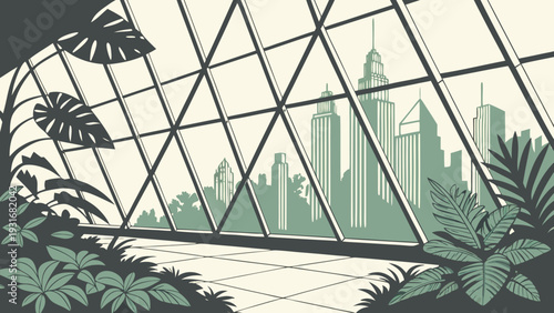 Modern greenhouse interior with city skyline view.