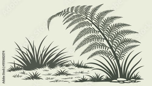 Vintage Engraving Style Fern and Grass Illustration.