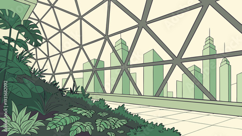 Modern Urban Greenhouse with City Skyline View.
