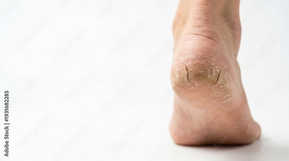 Fototapeta premium A human heel exhibits extremely dry fissured skin with visible cracks highlighted on a clean white surface