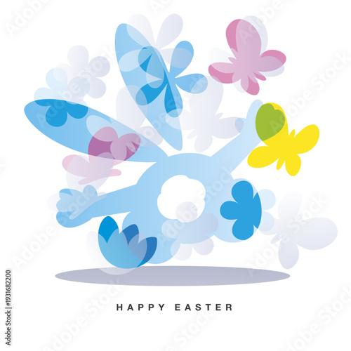 Hapy Easter greeting card. Blue Easter bunny with overlapping color butterfly and spring flowers isolated on white background