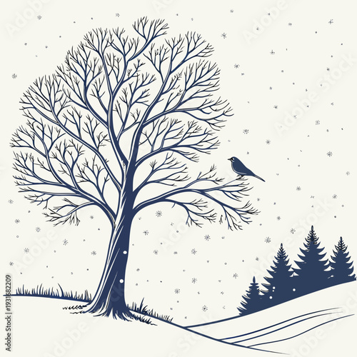 Winter landscape with a bare tree and a bird perched on a branch with snow falling and evergreen trees in the background.