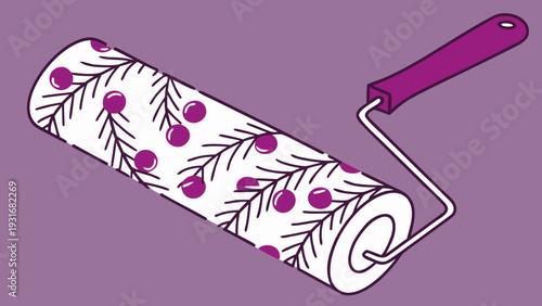 Paint roller with festive pattern on purple background.