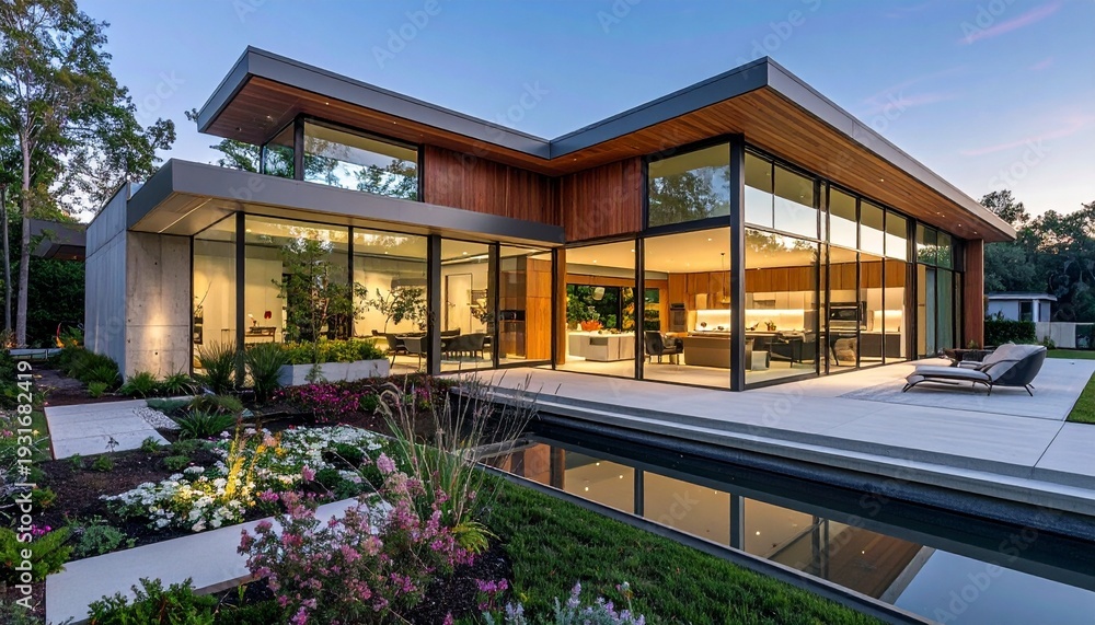 Fototapeta premium Modern Single-Story House with Glass Panels and Garden