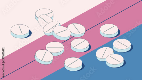 Pills scattered on a colorful background representing medication and health.