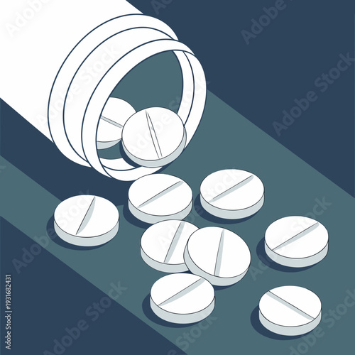 Pills spilling from a bottle illustrating medication and health.