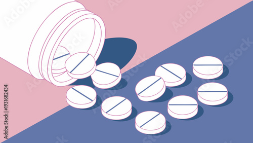 Pills spilling from a bottle illustrating medication health and pharmaceutical concepts.