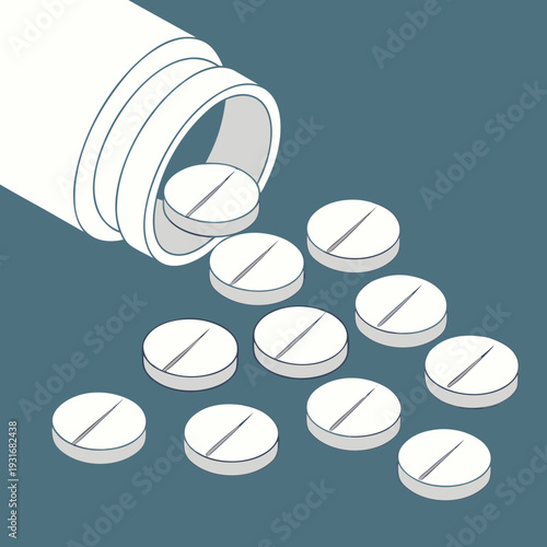 Pills spilling from a bottle on a blue background.