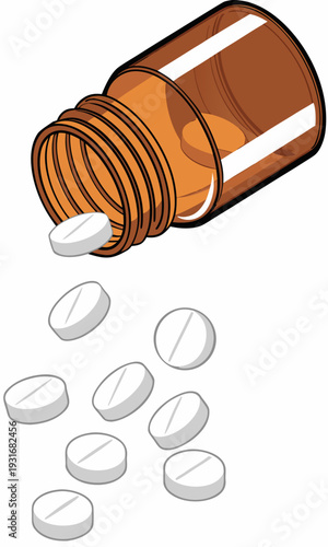 Pills spilling from a brown medicine bottle illustrating medication and health concepts.
