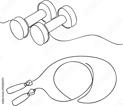Dumbbells and jump rope gym equipment set in continuous one line drawing. Fitness workout elements in simple linear style. Sport lifestyle in editable stroke. Doodle oneline vector art.