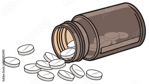 Pills spilling out of a medicine bottle illustrating medication and health concepts.