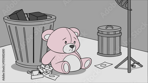 Sad pink teddy bear abandoned on the street next to a trash can.