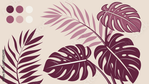 Tropical leaves in various shades of purple and pink with a color palette.