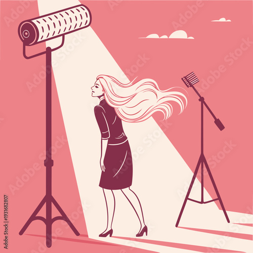 Woman with flowing hair in a spotlight symbolizing fame and attention.