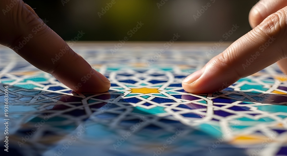 Naklejka premium A person's fingers delicately touch a vibrant mosaic tile artwork with intricate patterns and colors.