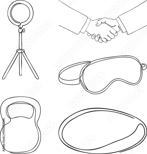 Handshake ring light kettlebell and sleep mask set in continuous one line drawing. Business and lifestyle concept in simple linear style. Miscellaneous icons in editable stroke. Doodle oneline vector 