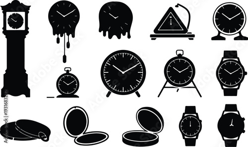 Clock Collection Silhouette Icon Set Time Clock Typography Silhouette Icon Pack