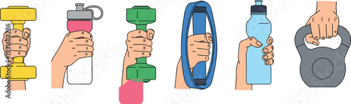Hand Holding Fitness Equipment Set with Dumbbell Water Bottle Kettlebell Weight Plate for Gym Workout Strength Training Concept.